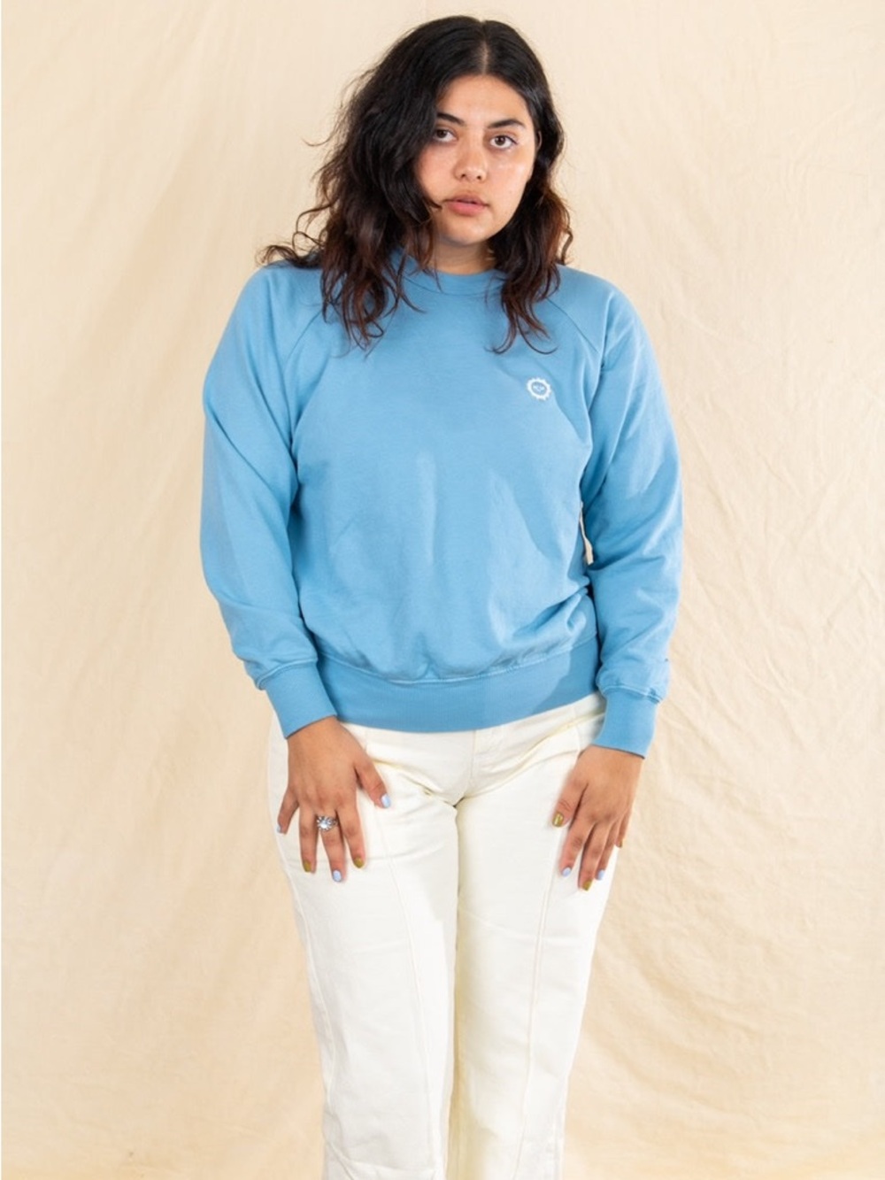 Big Bud Press Crewneck Sweater Embroidered Sun Logo Blue Womens Size XS